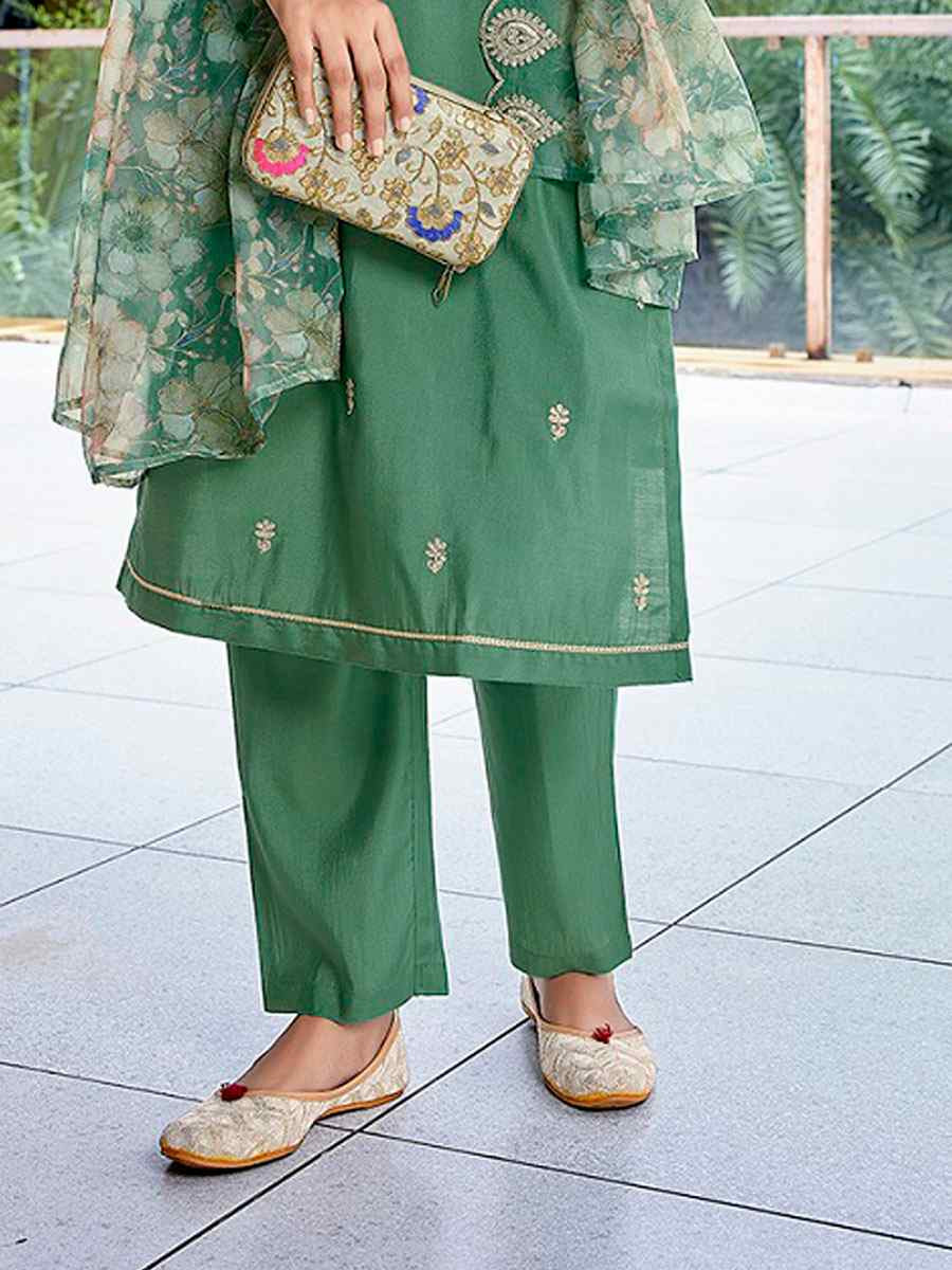 Green Viscose Chanderi Embroidery Party Wedding Festival Casual Ready Pant Salwar Kameez