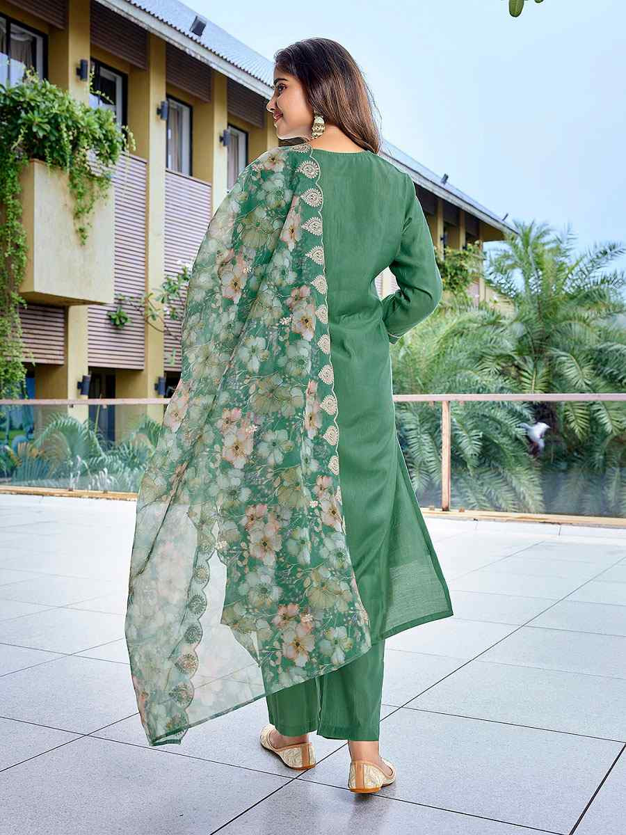Green Viscose Chanderi Embroidery Party Wedding Festival Casual Ready Pant Salwar Kameez