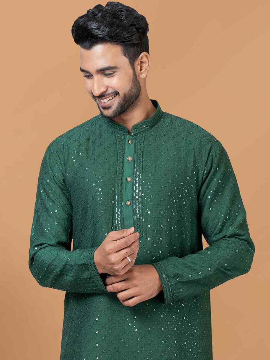 Green Viscose Cotton Embroidered Festival Wedding Kurta