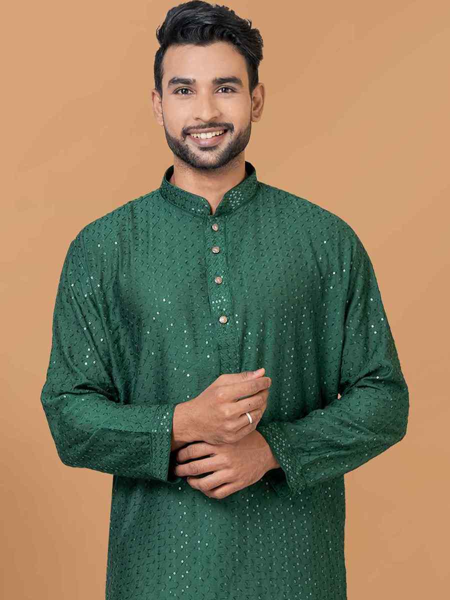 Green Viscose Cotton Embroidered Festival Wedding Kurta