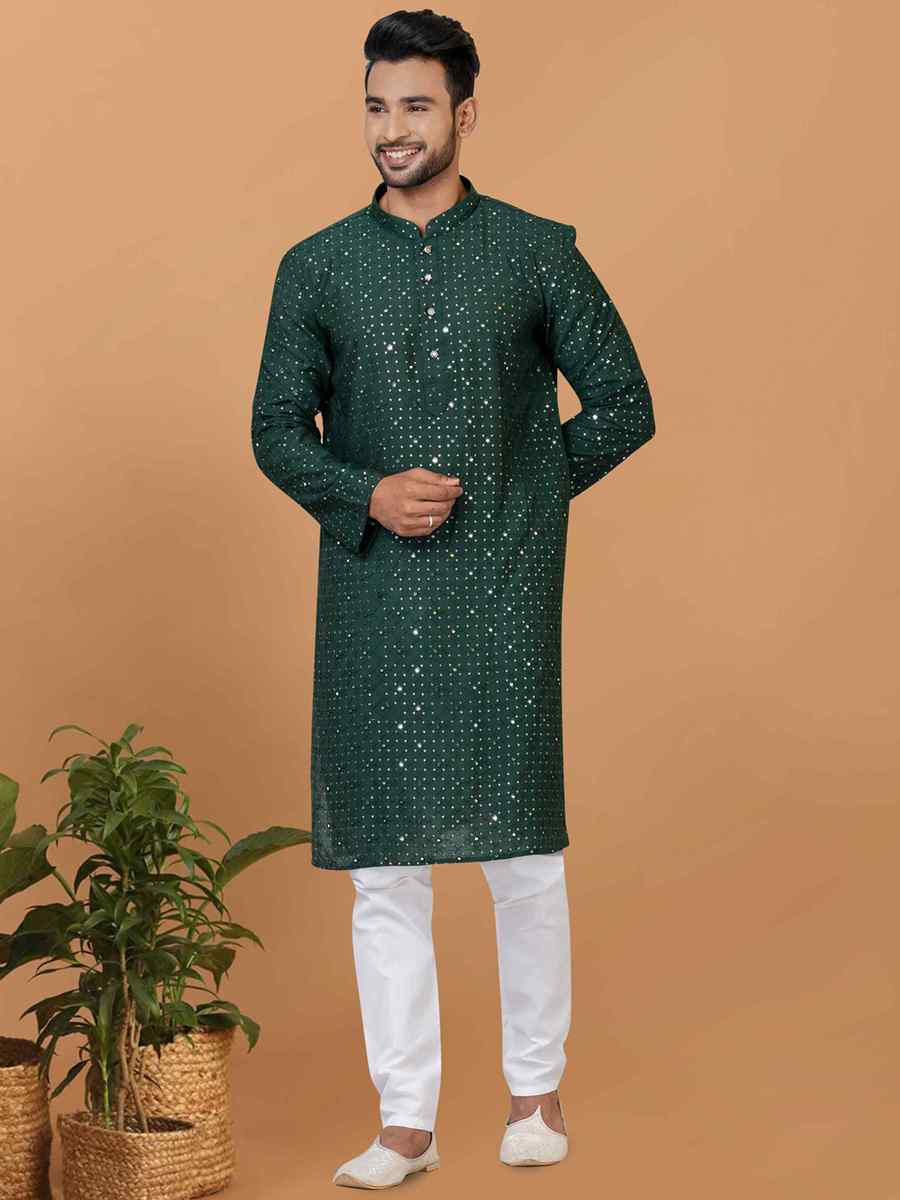 Green Viscose Cotton Embroidered Festival Wedding Kurta