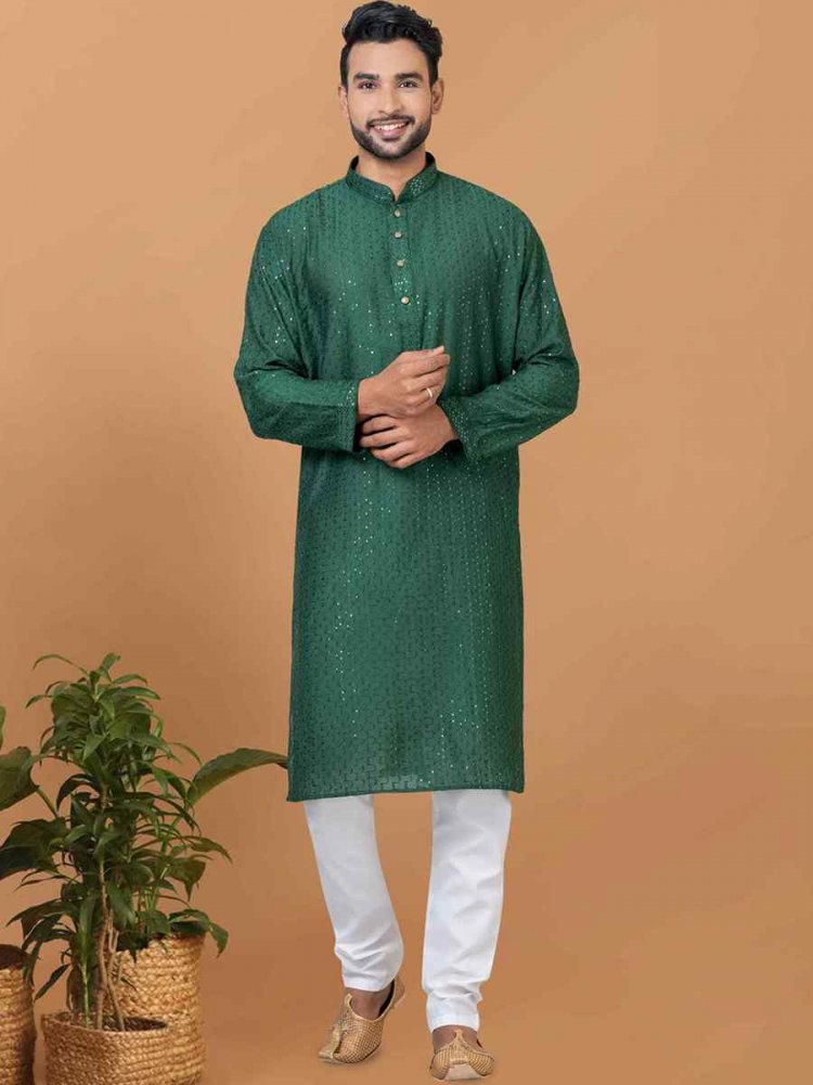 Green Viscose Cotton Embroidered Festival Wedding Kurta