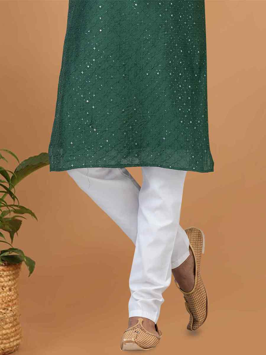 Green Viscose Cotton Embroidered Festival Wedding Kurta