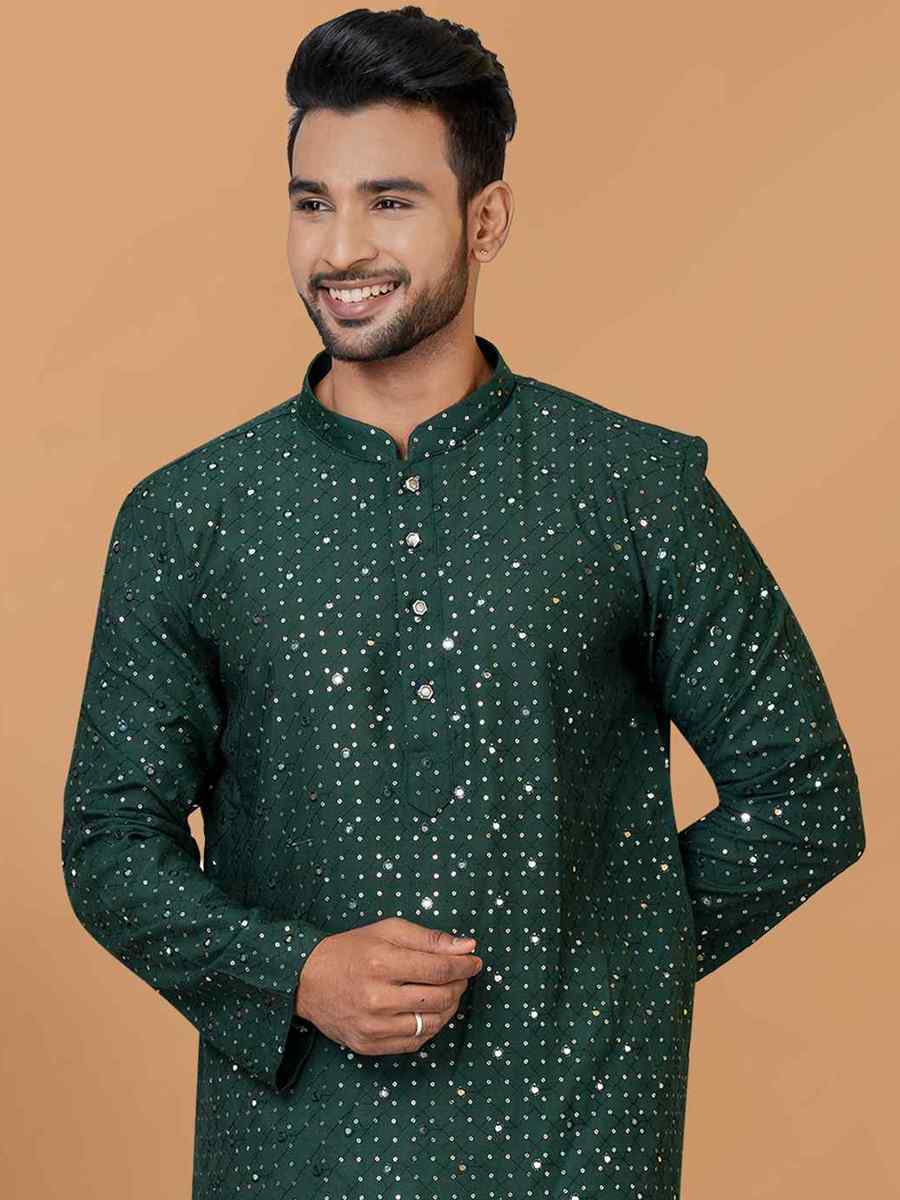 Green Viscose Cotton Embroidered Festival Wedding Kurta