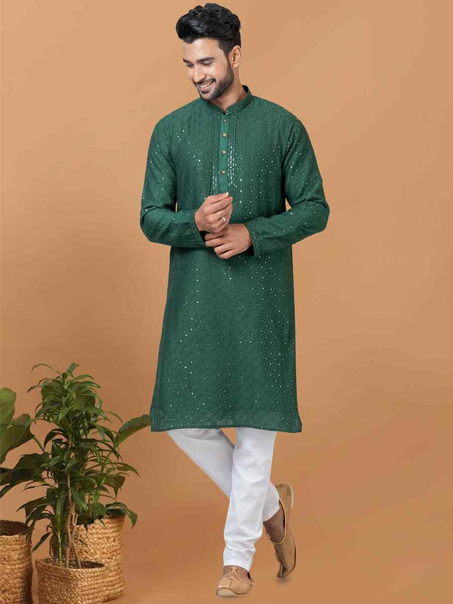 Green Viscose Cotton Embroidered Festival Wedding Kurta