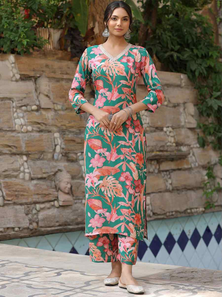 Green Viscose Embroidered Festival Mehendi Ready Pant Salwar Kameez