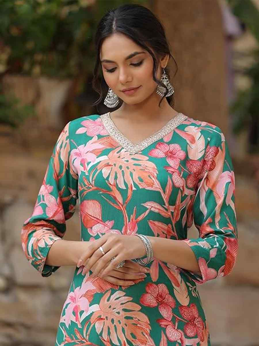 Green Viscose Embroidered Festival Mehendi Ready Pant Salwar Kameez