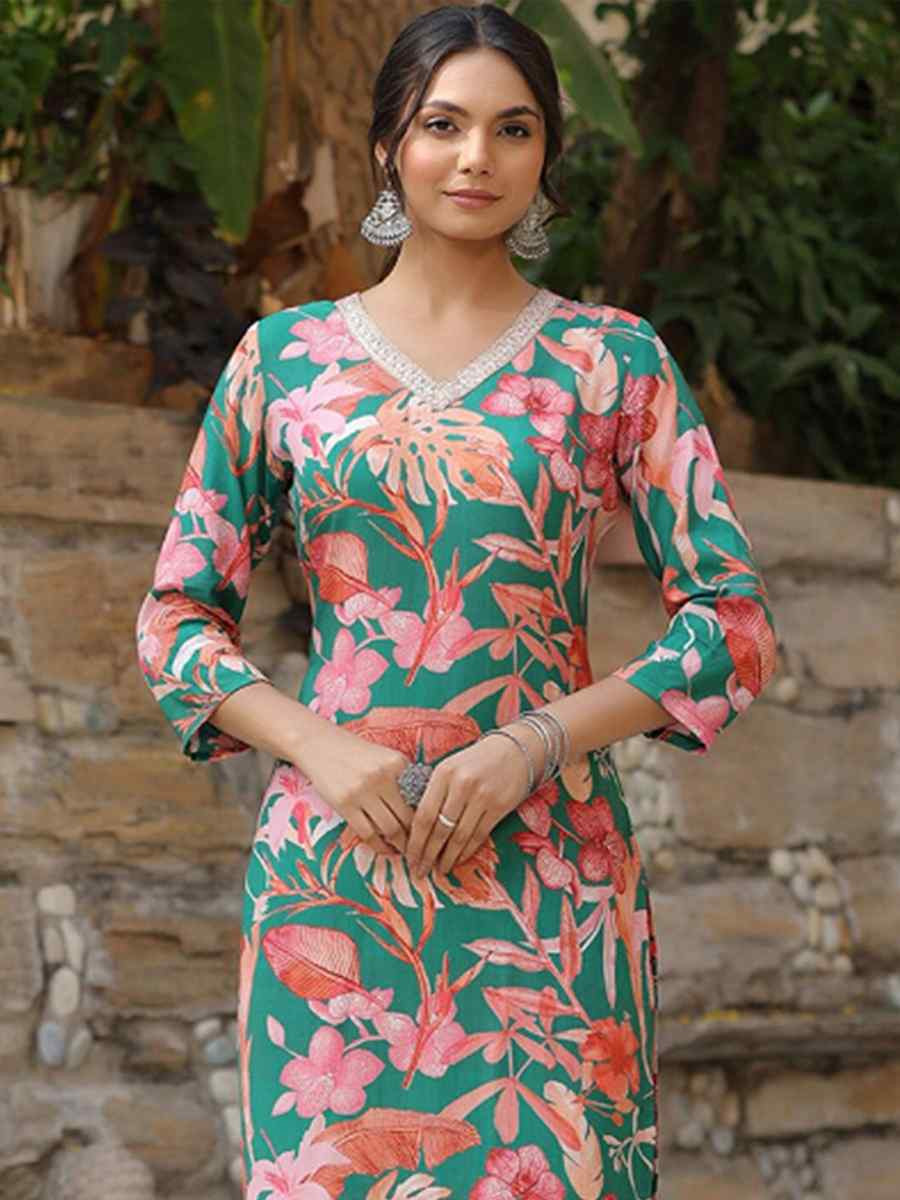 Green Viscose Embroidered Festival Mehendi Ready Pant Salwar Kameez