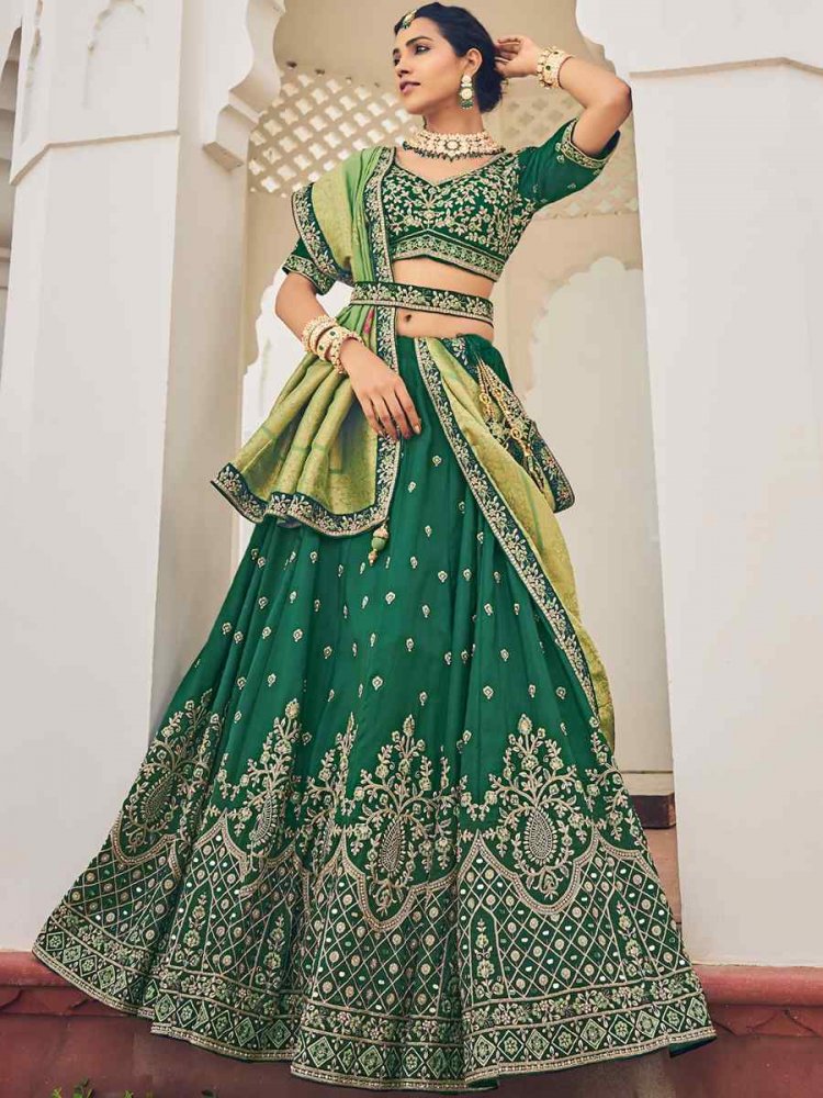 Green Viscose Embroidered Reception Party Wear Heavy Border Lehenga Choli