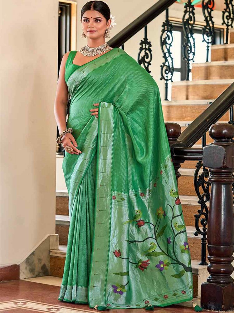 Green Viscose Handwoven Party Casual Classic Style Saree