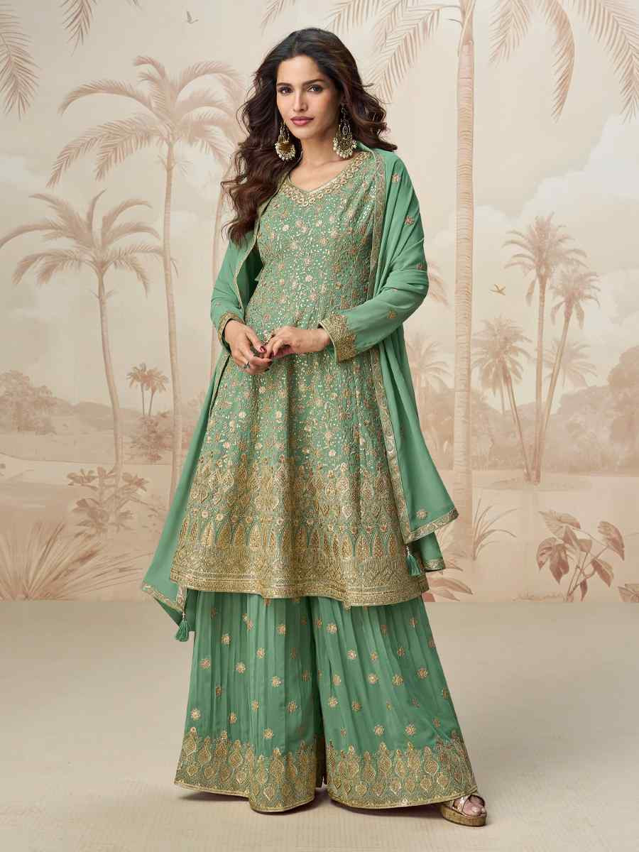 Green Viscose Jacquard Embroidered Festival Casual Ready Palazzo Pant Salwar Kameez