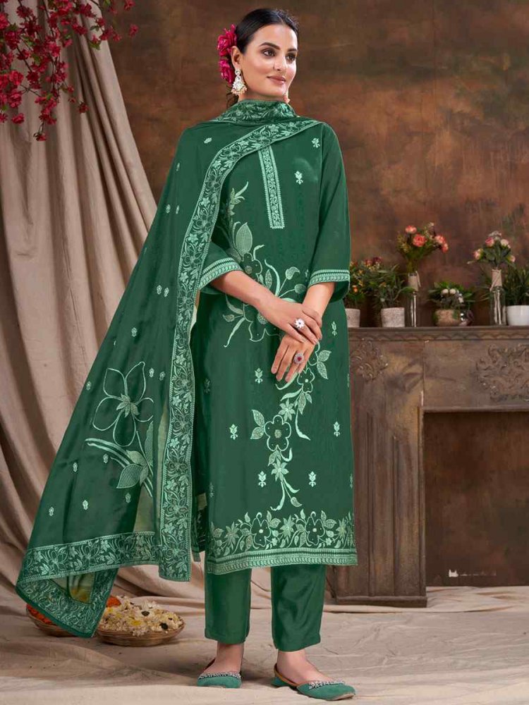 Green Viscose Jacquard Embroidered Festival Casual Ready Pant Salwar Kameez