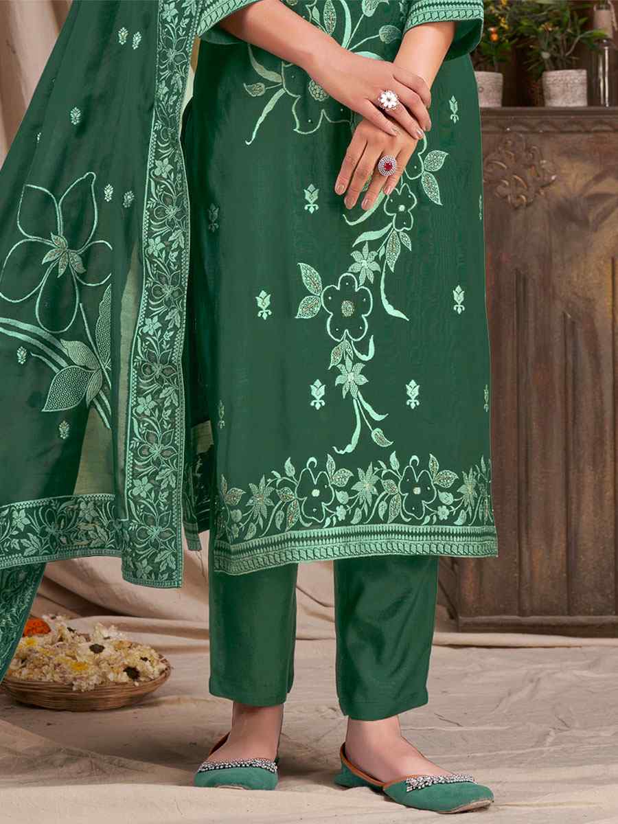 Green Viscose Jacquard Embroidered Festival Casual Ready Pant Salwar Kameez