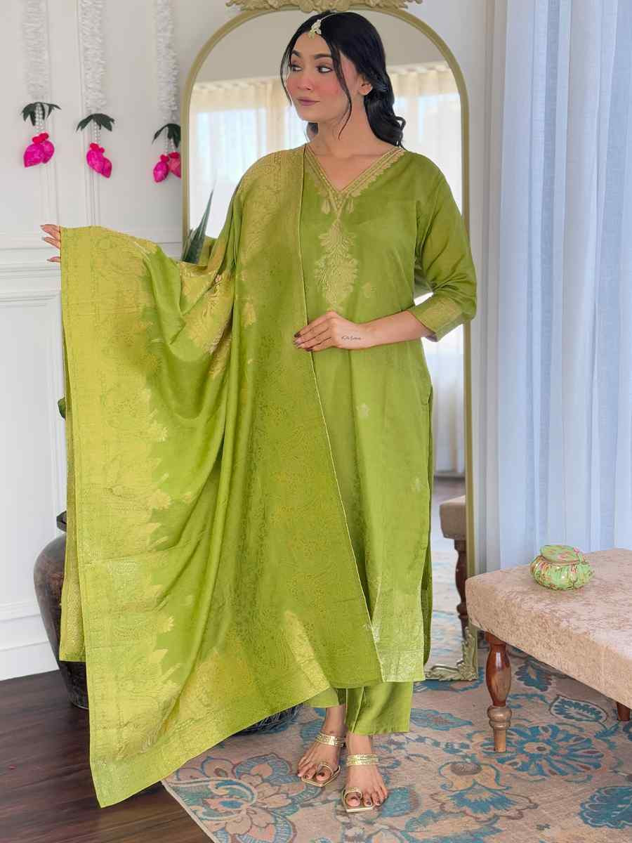 Green Viscose Jacquard Embroidery Party Wedding Festival Casual Ready Pant Salwar Kameez