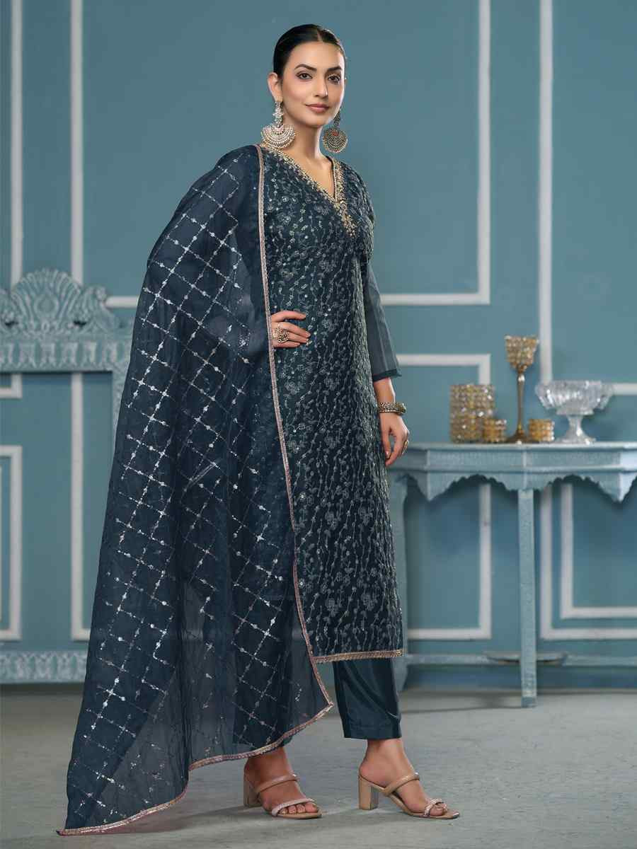 Green Viscose Organza Embroidered Wedding Festival Pant Salwar Kameez