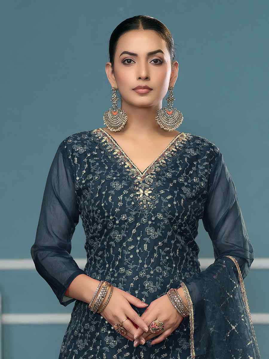 Green Viscose Organza Embroidered Wedding Festival Pant Salwar Kameez