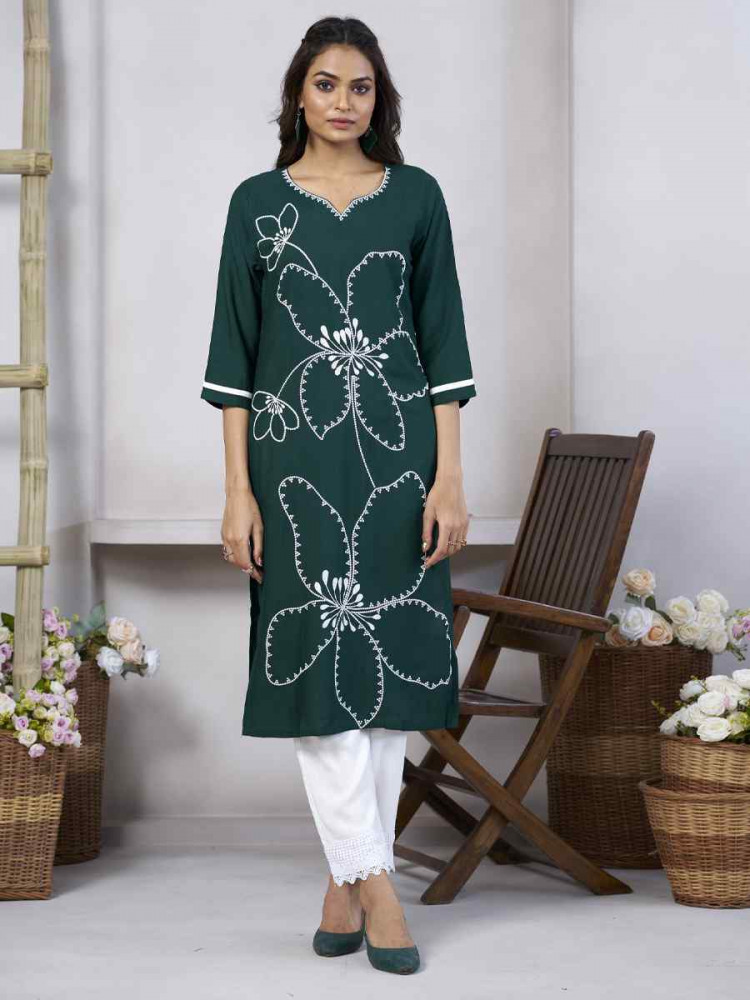 Green Viscose Rayon Embroidered Festival Casual Kurti