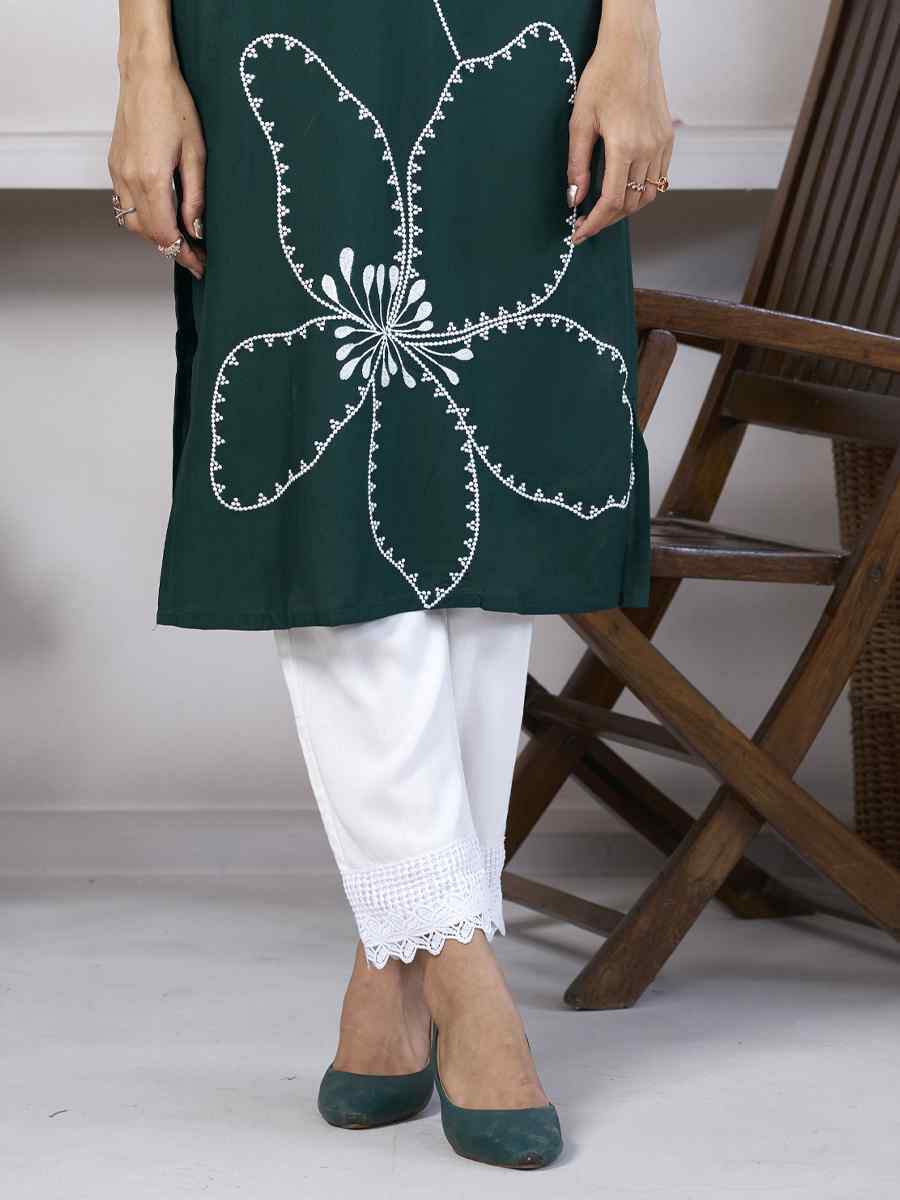 Green Viscose Rayon Embroidered Festival Casual Kurti