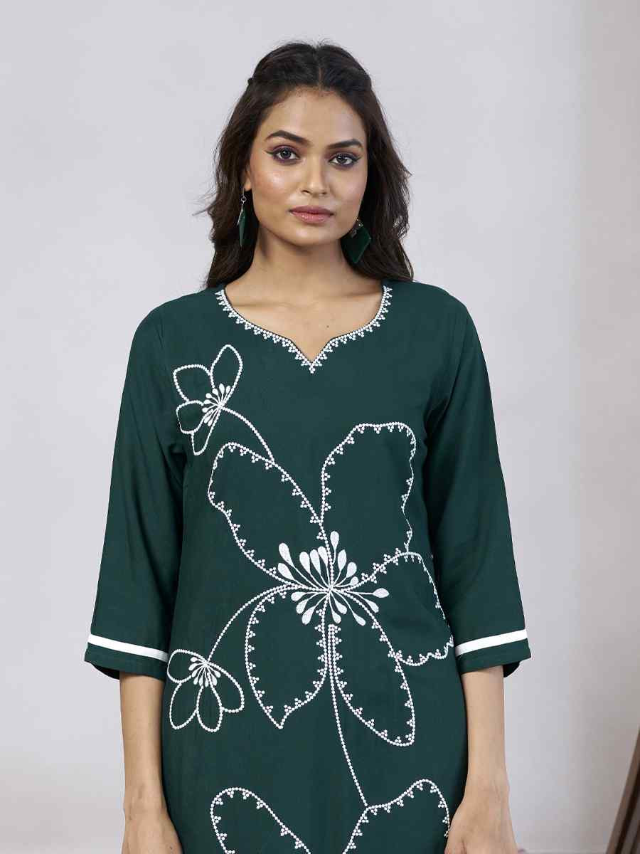 Green Viscose Rayon Embroidered Festival Casual Kurti