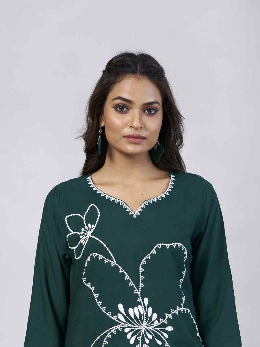Green Viscose Rayon Embroidered Festival Casual Kurti