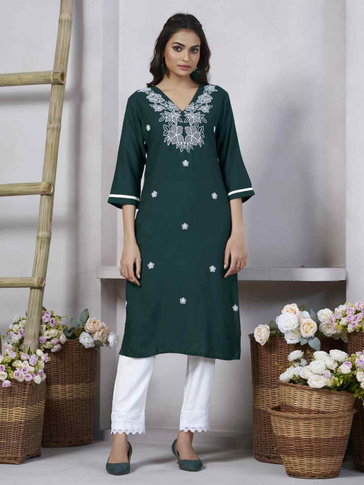 Green Viscose Rayon Embroidered Festival Casual Kurti