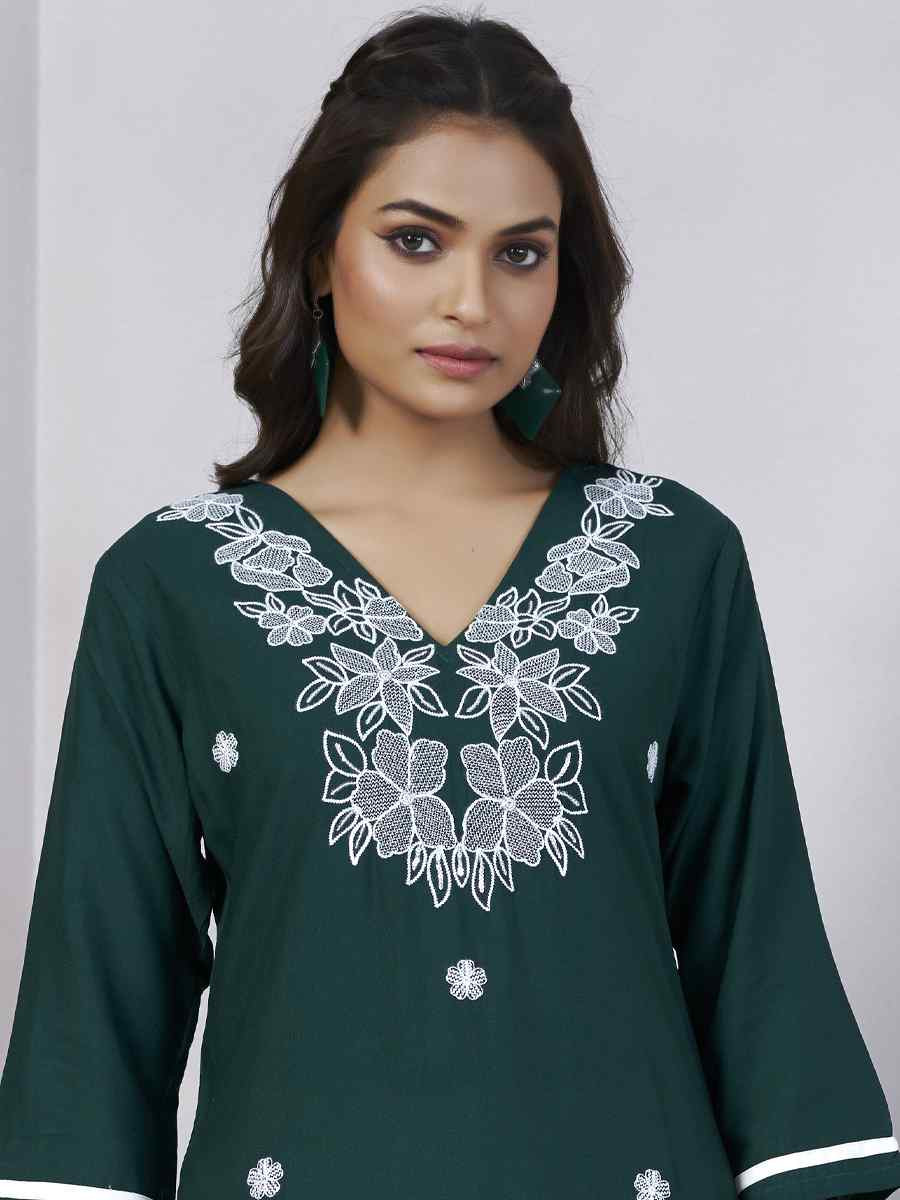 Green Viscose Rayon Embroidered Festival Casual Kurti