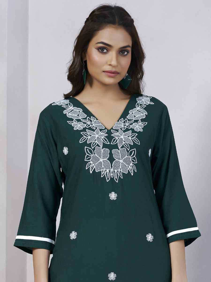 Green Viscose Rayon Embroidered Festival Casual Kurti