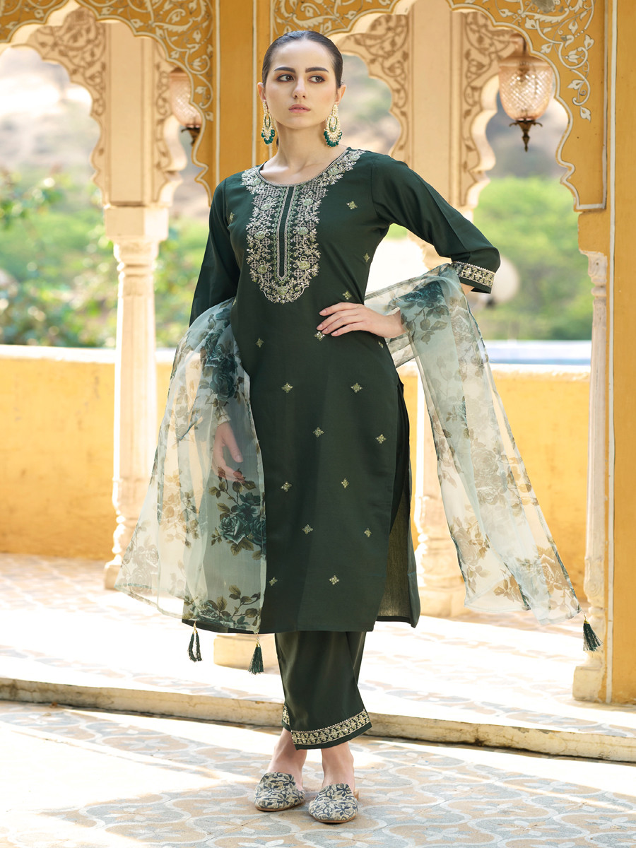 Green Viscose Rayon Embroidery Sequins Wedding Party Festival Casual Ready Pant Salwar Kameez