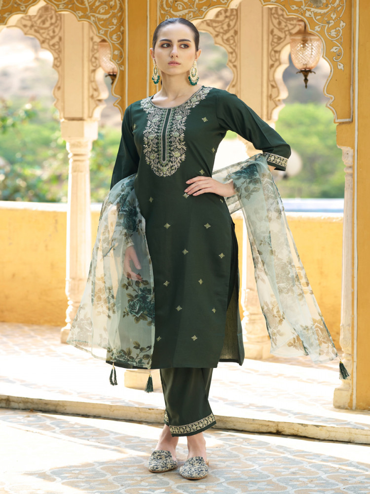 Image of Green Viscose Rayon Embroidery Sequins Wedding Party Festival Casual Ready Pant Salwar Kameez