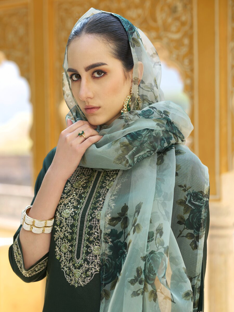 Green Viscose Rayon Embroidery Sequins Wedding Party Festival Casual Ready Pant Salwar Kameez