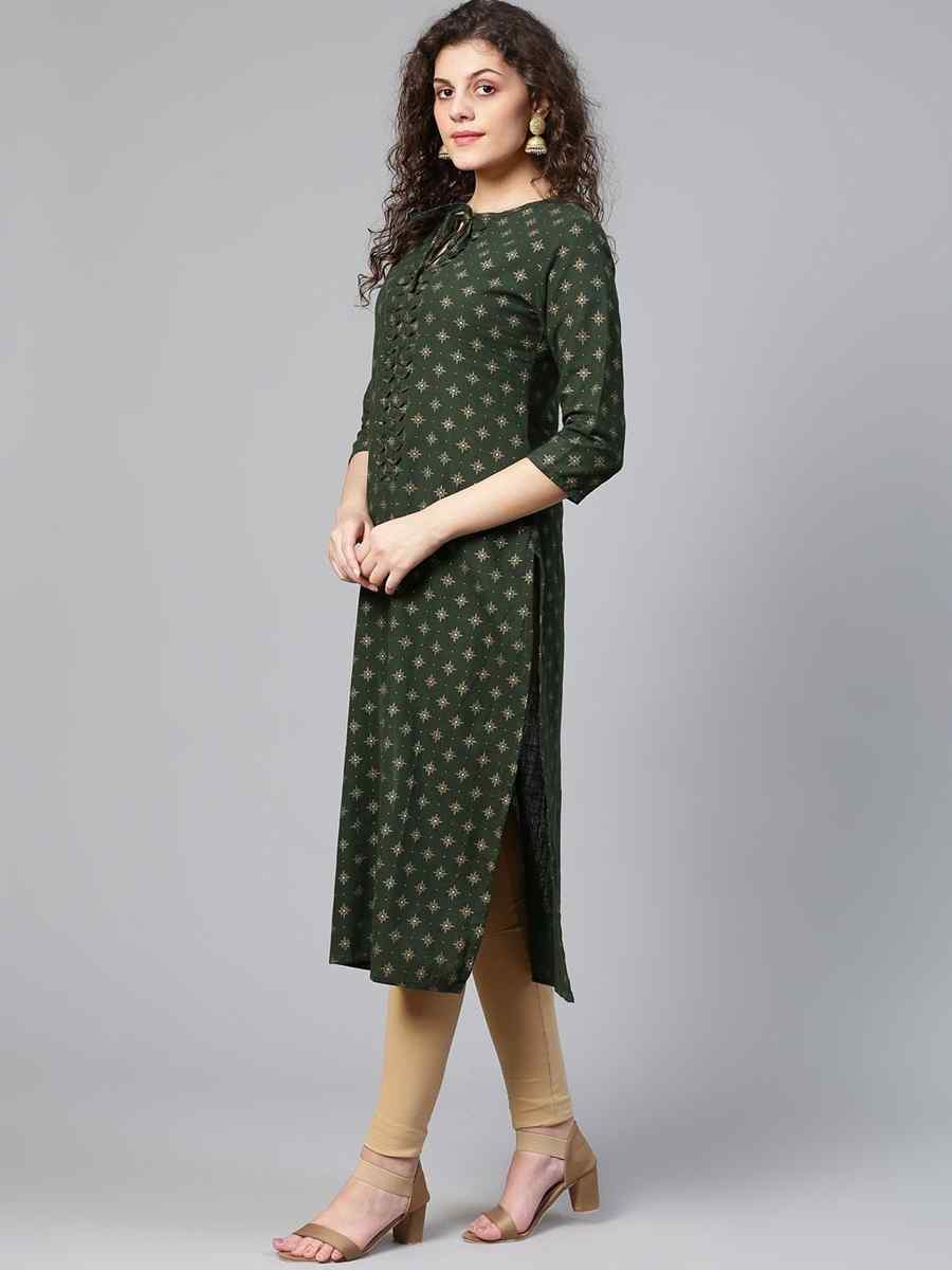 Green Viscose Rayon Printed Festival Casual Kurti