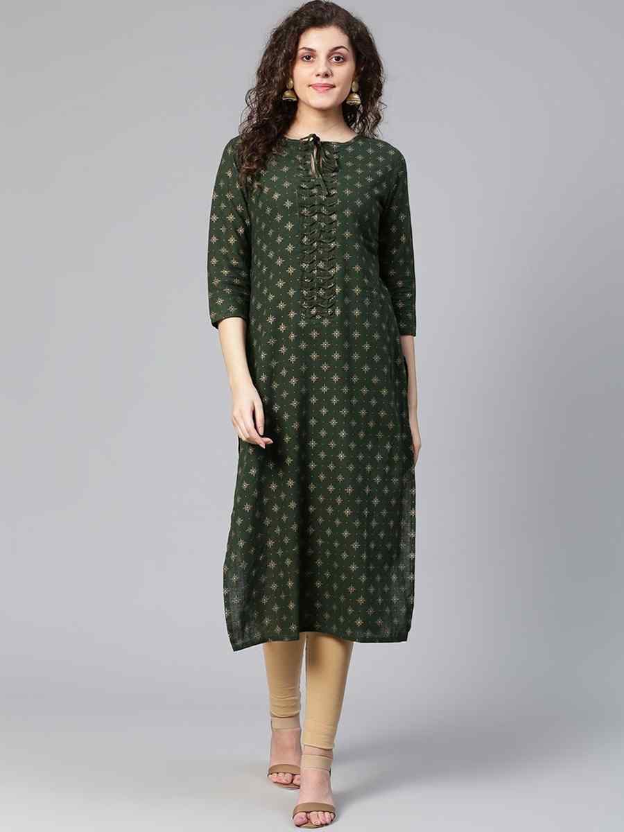 Green Viscose Rayon Printed Festival Casual Kurti