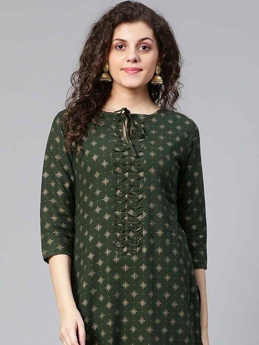 Green Viscose Rayon Printed Festival Casual Kurti