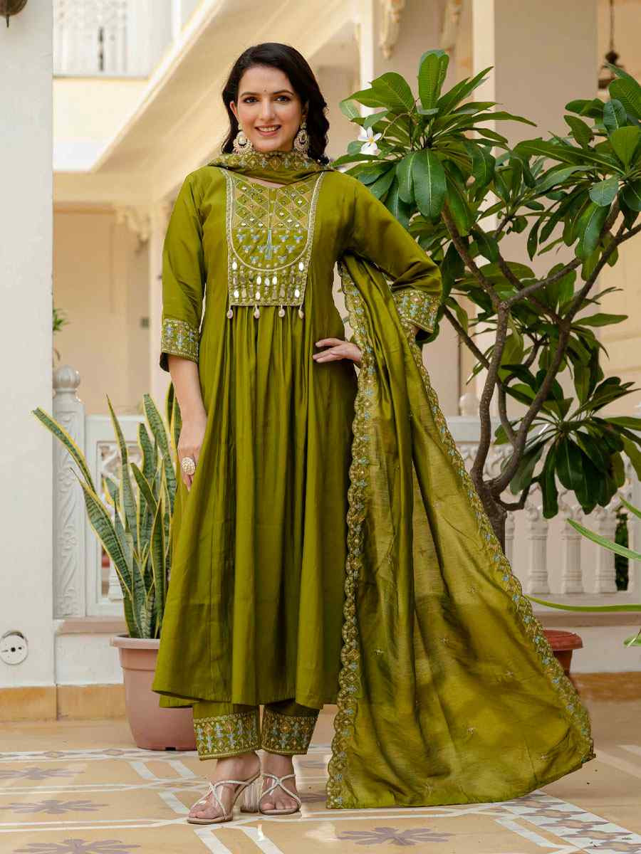 Green Viscose Roman Silk Embroidery Party Wedding Festival Casual Ready Anarkali Salwar Kameez