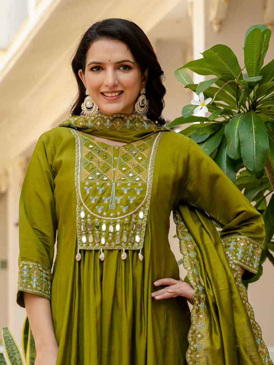 Green Viscose Roman Silk Embroidery Party Wedding Festival Casual Ready Anarkali Salwar Kameez