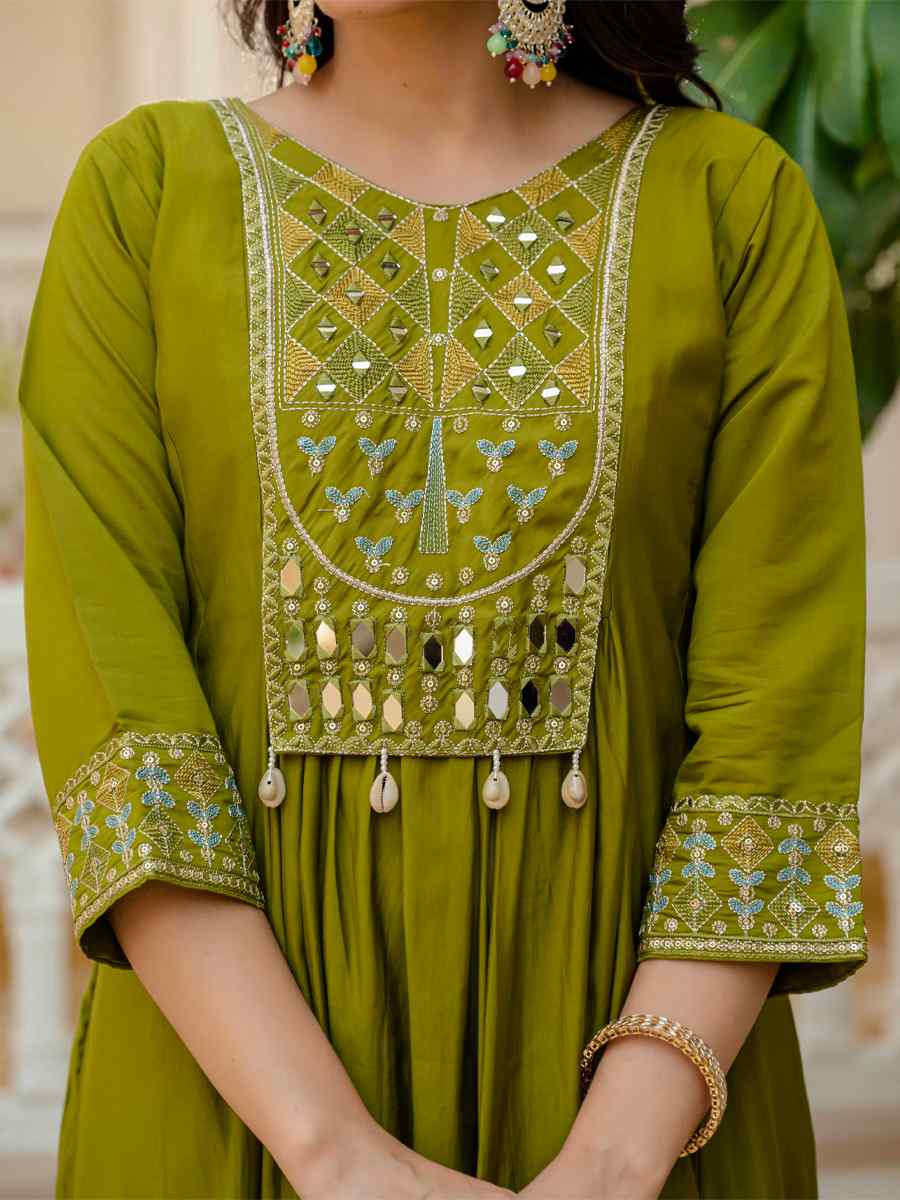 Green Viscose Roman Silk Embroidery Party Wedding Festival Casual Ready Anarkali Salwar Kameez