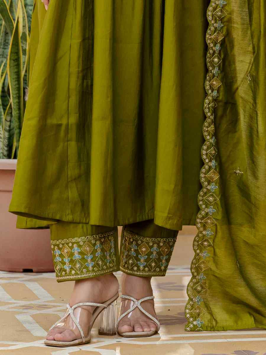 Green Viscose Roman Silk Embroidery Party Wedding Festival Casual Ready Anarkali Salwar Kameez