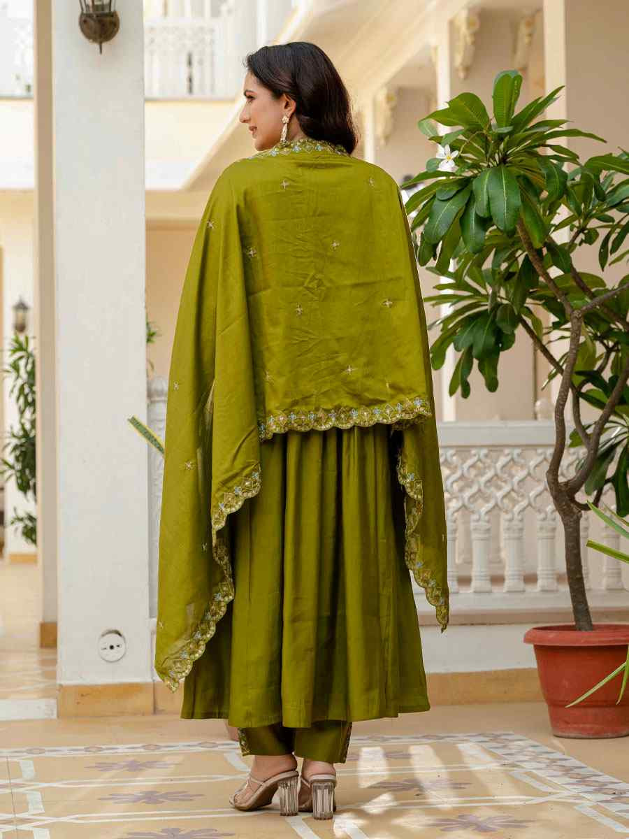 Green Viscose Roman Silk Embroidery Party Wedding Festival Casual Ready Anarkali Salwar Kameez