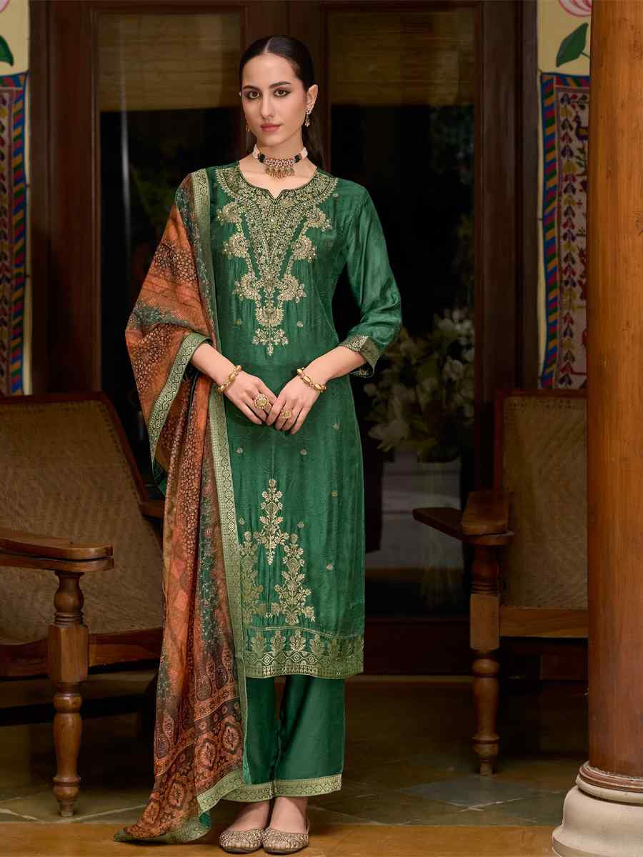 Green Viscose Self Jacquard Embroidered Festival Casual Ready Pant Salwar Kameez