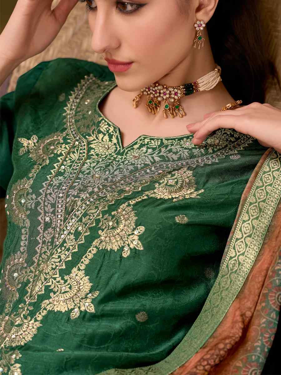 Green Viscose Self Jacquard Embroidered Festival Casual Ready Pant Salwar Kameez
