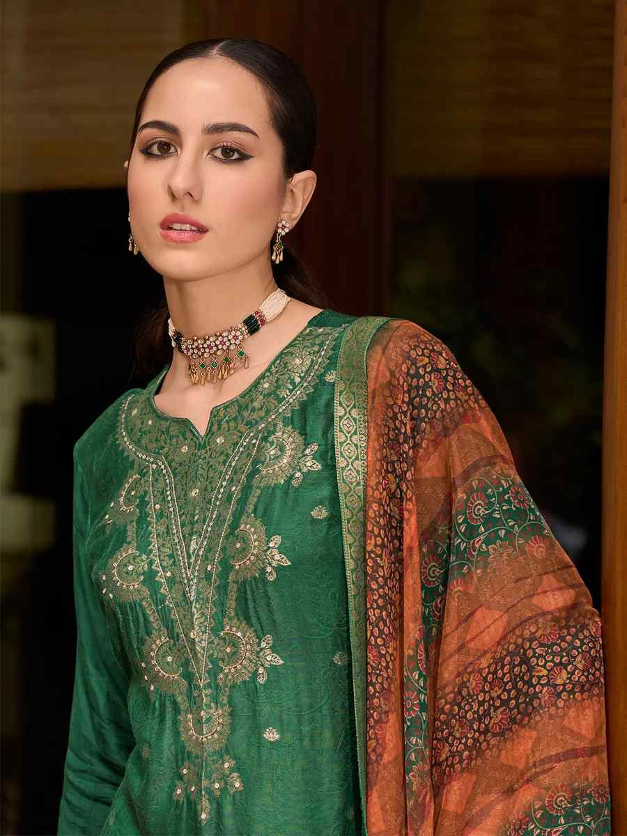 Green Viscose Self Jacquard Embroidered Festival Casual Ready Pant Salwar Kameez