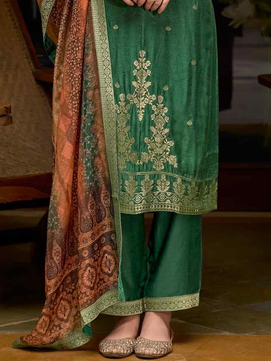 Green Viscose Self Jacquard Embroidered Festival Casual Ready Pant Salwar Kameez