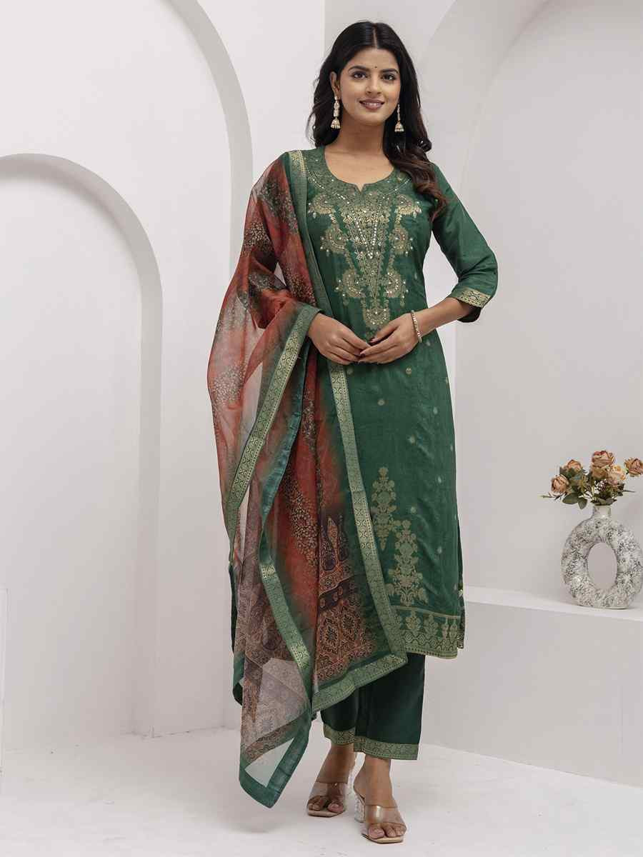 Green Viscose Self Jacquard Embroidery Party Wedding Festival Casual Ready Pant Salwar Kameez