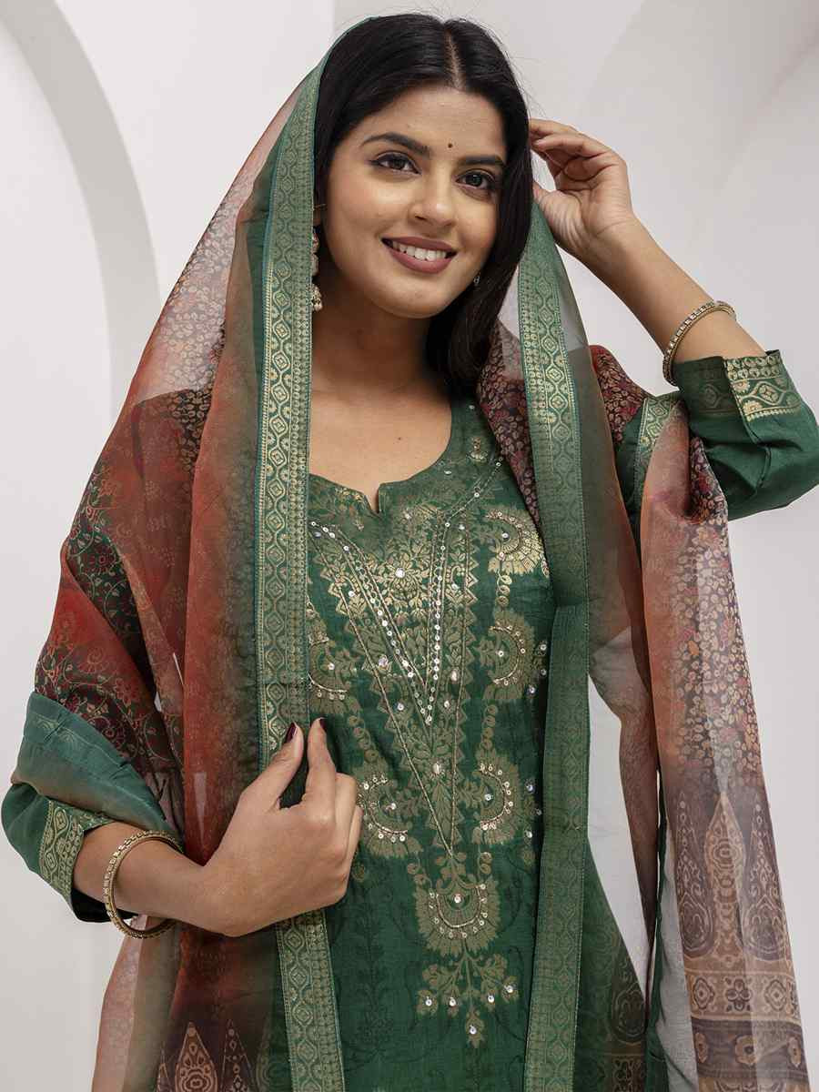 Green Viscose Self Jacquard Embroidery Party Wedding Festival Casual Ready Pant Salwar Kameez