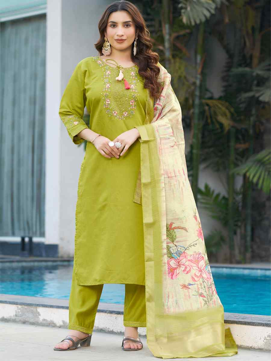Green Viscose Silk Embroidered Festival Casual Ready Pant Salwar Kameez