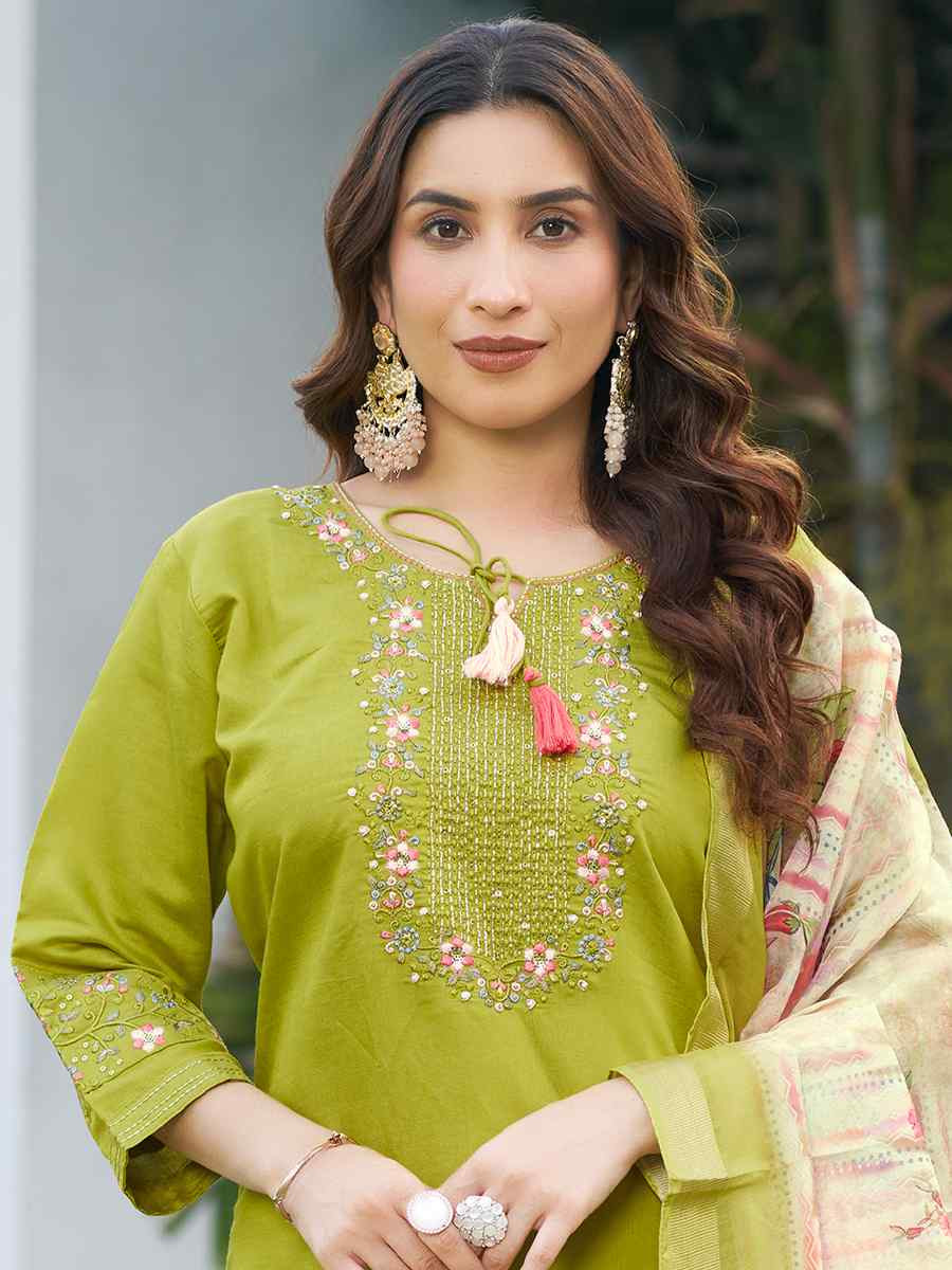 Green Viscose Silk Embroidered Festival Casual Ready Pant Salwar Kameez