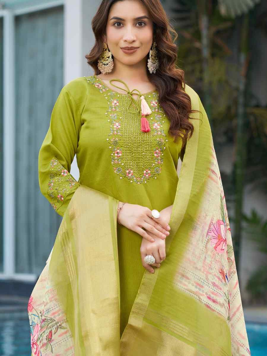 Green Viscose Silk Embroidered Festival Casual Ready Pant Salwar Kameez