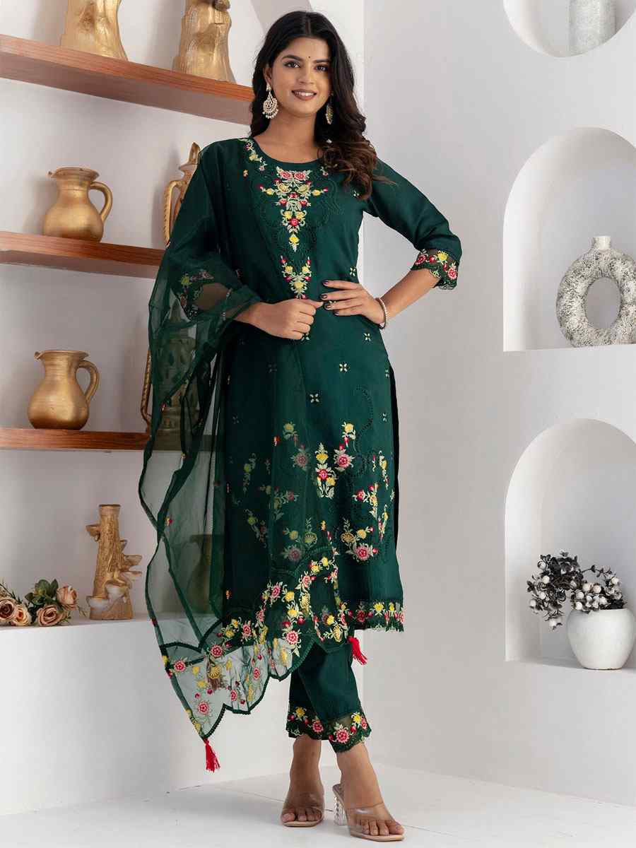 Green Viscose Silk Embroidery Party Wedding Festival Casual Ready Pant Salwar Kameez