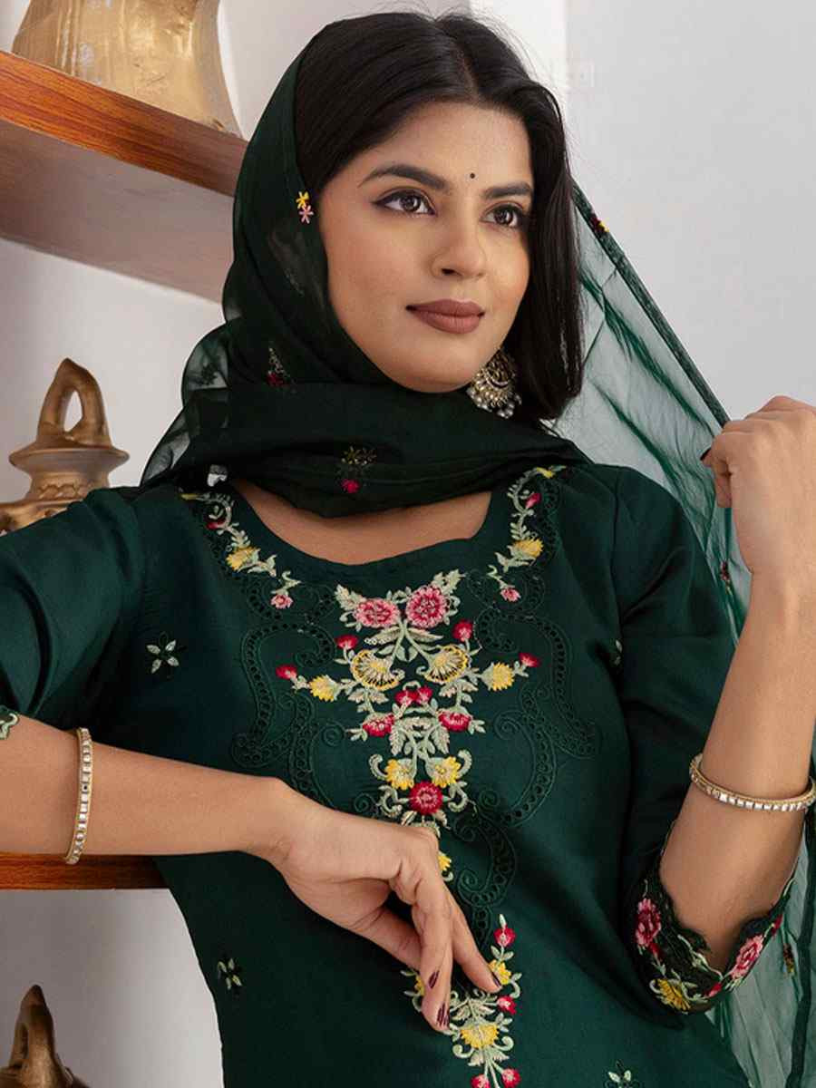 Green Viscose Silk Embroidery Party Wedding Festival Casual Ready Pant Salwar Kameez