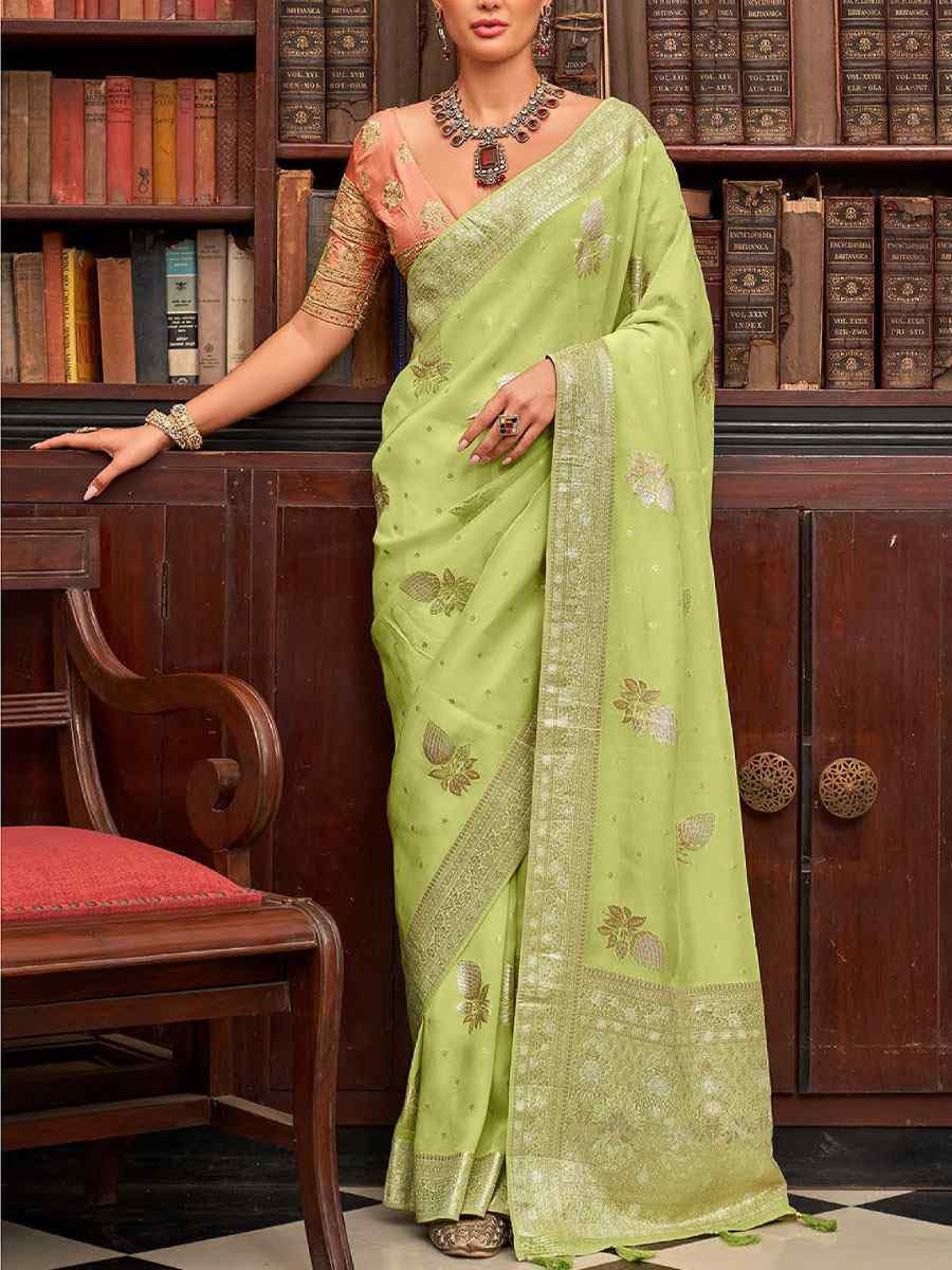 Green Viscose Silk Handwoven Bridal Reception Festival Wedding Fancy Heavy Border Saree